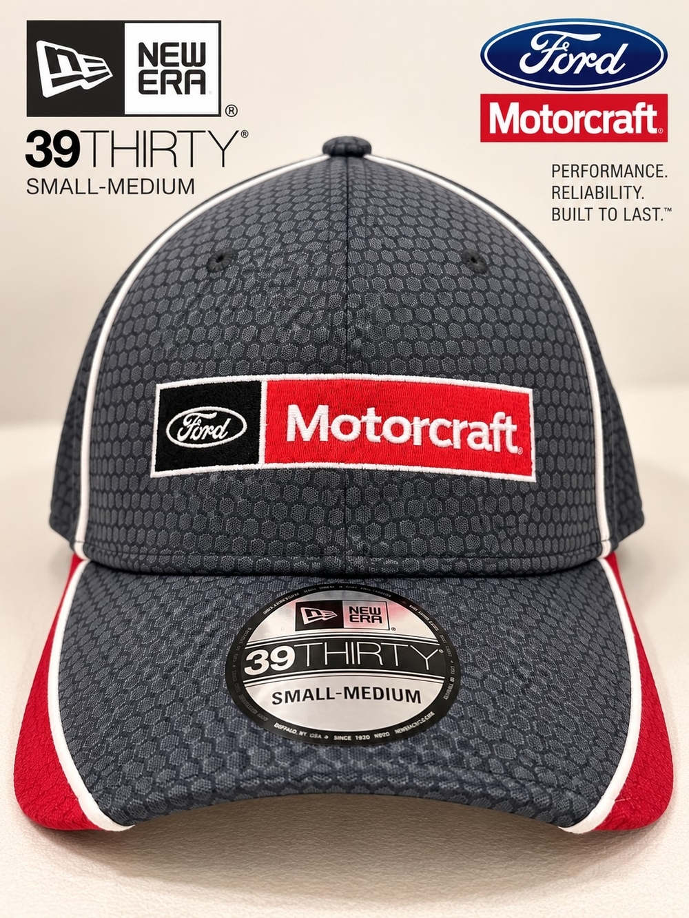 New Era Gray and Red Motorcraft 39THIRTY Stretch Cap